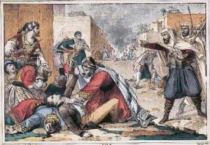 Abd el-Kader arrive au secours des chrétiens à Damas, en 1860image d'Epinal - 1870