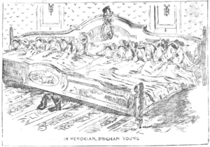 Débordements de douleur après le décès de Brigham Young (1801 - 1877), un des fondateurs de l'Eglise de JC des saints des derniers jours (autrement dit les Mormons) [d'après un dessin paru dans Puck en 1877].