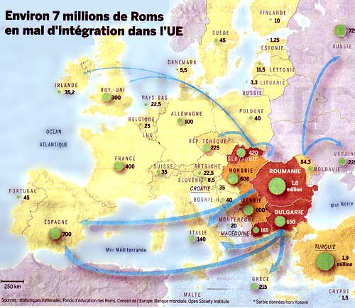 (Le Monde du 12 décembre 2007)Précision (11 septembre 2010) : pour la France, parmi les 400 000 Gens du voyage, on évalue à 15 000 le nobre de Roms de nationalité roumaine ou bulgare.