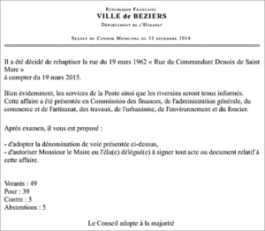Béziers : délibération n° 20 du conseil municipal du 11 décembre 2014