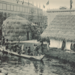 L’exposition universelle à Anvers, 1894 : vue sur le village congolais avec étang. © Bibliothèque patrimoniale Hendrik Conscience, Anvers.